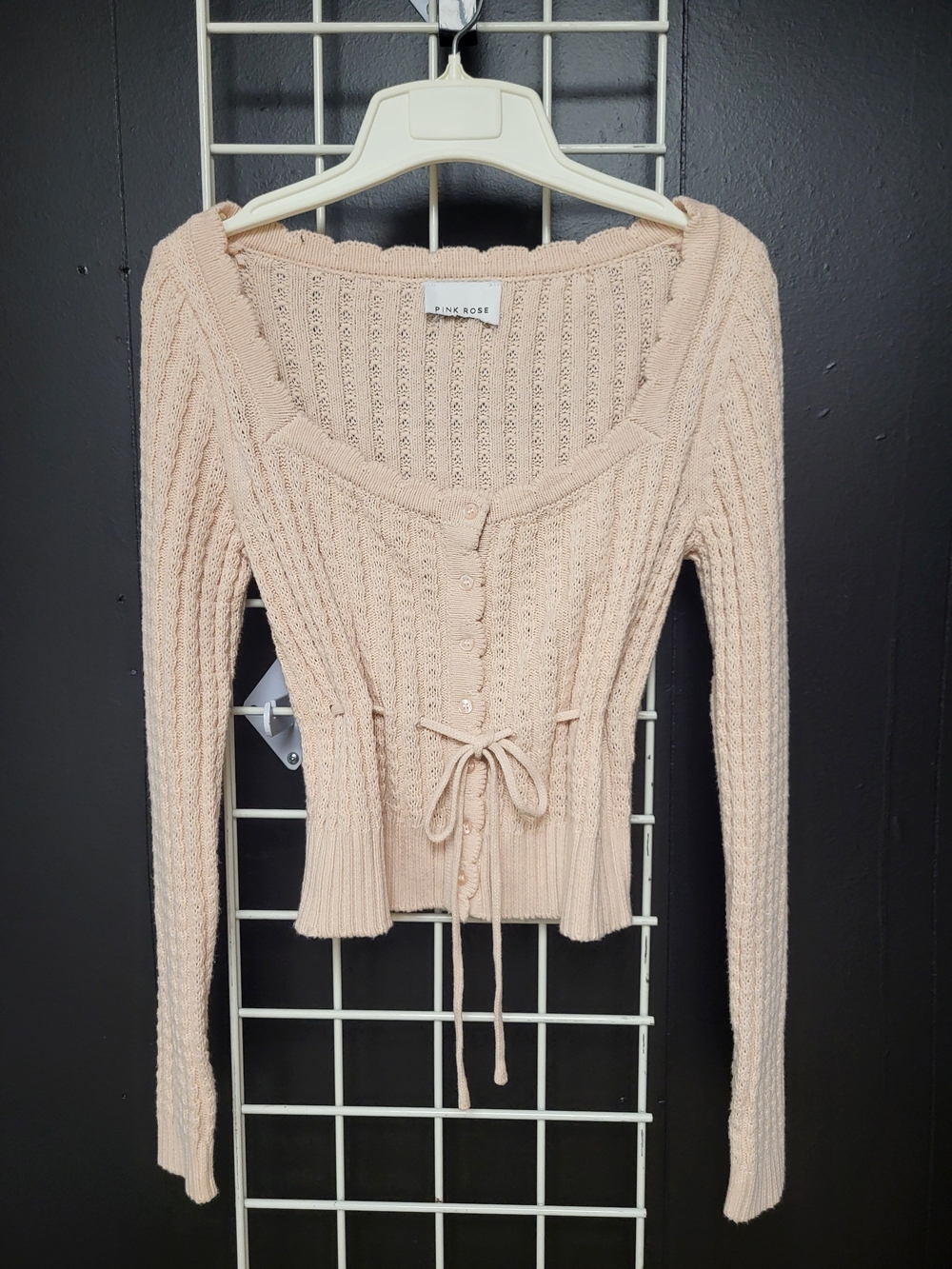 Pink Rose Knit Button-Up Tie Front Cardigan - Blush